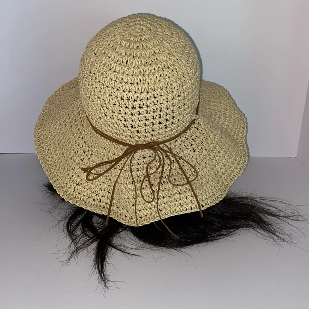 Natural Straw Wide Brim Packable Adjustable with Brown Leather Bow Hat SZ:OS